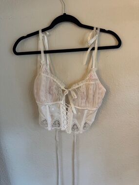 For Love And Lemons White Lace Satin Bustier with Heart Print